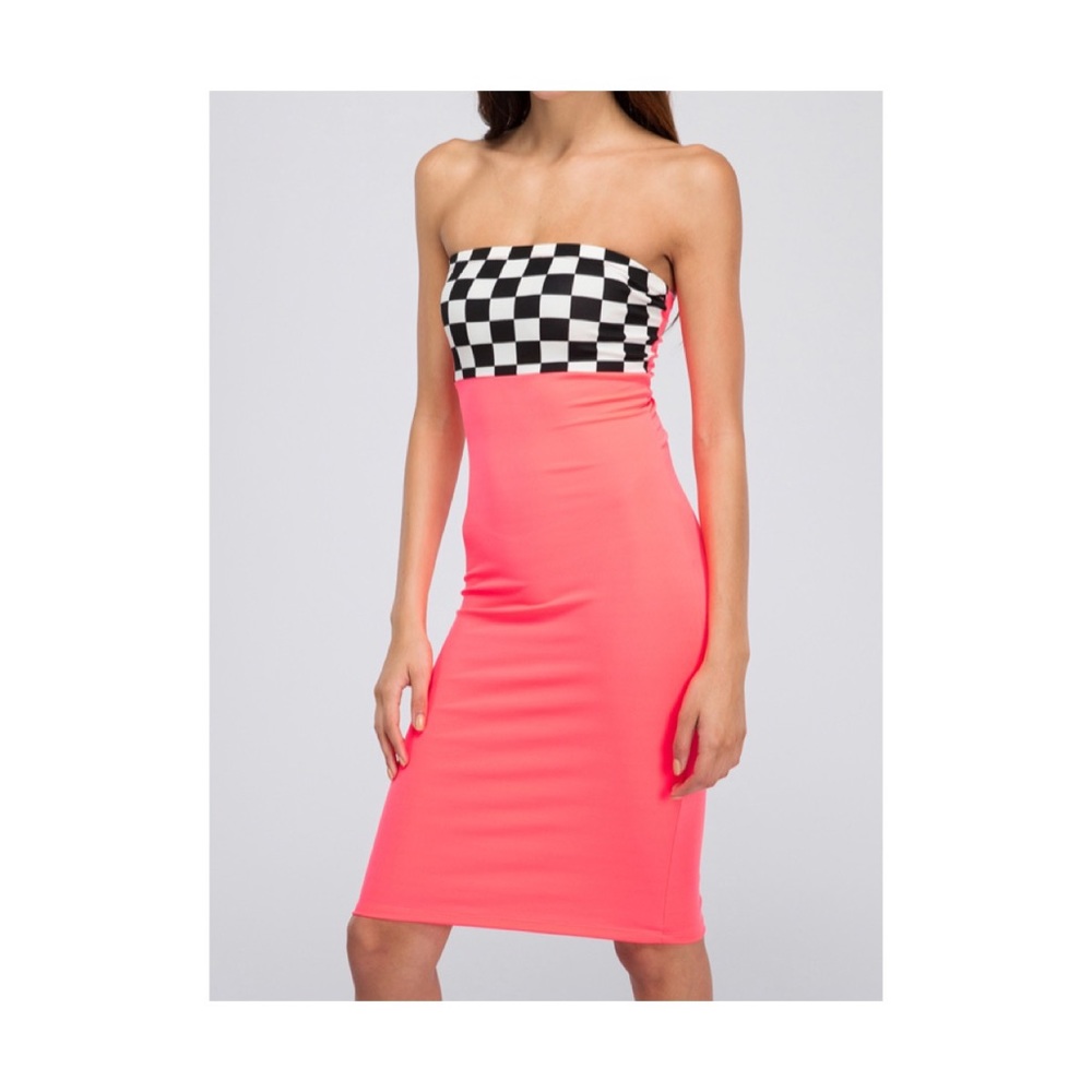 Check Panel Bodycon Tube Dress Neon Pink